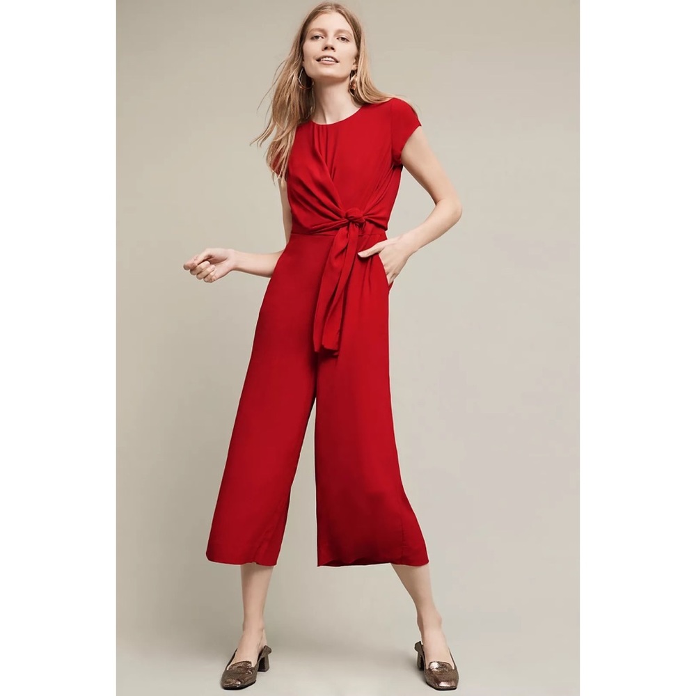 Maeve Anthropologie Grier Cap Sleeves Knotted Crepe Jumpsuit in Wine Size 10